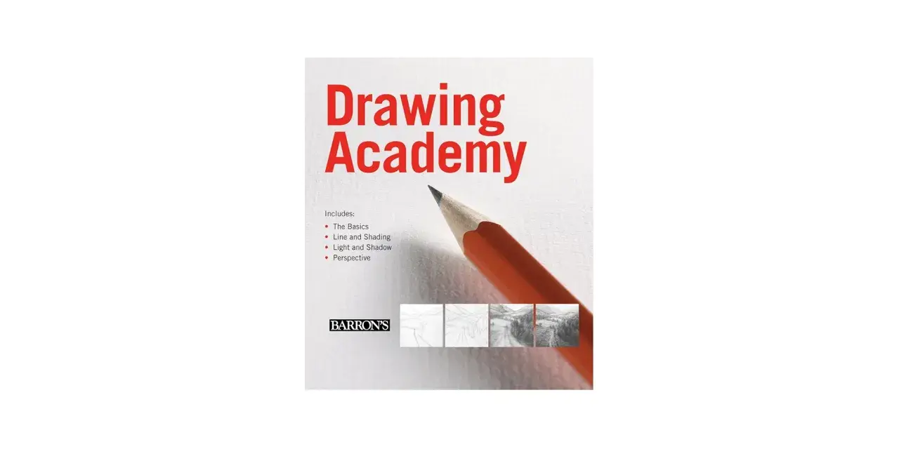 Okładka książki "Drawing Academy" z ołówkiem i przykładami rysunków. Nauka rysunku od podstaw.