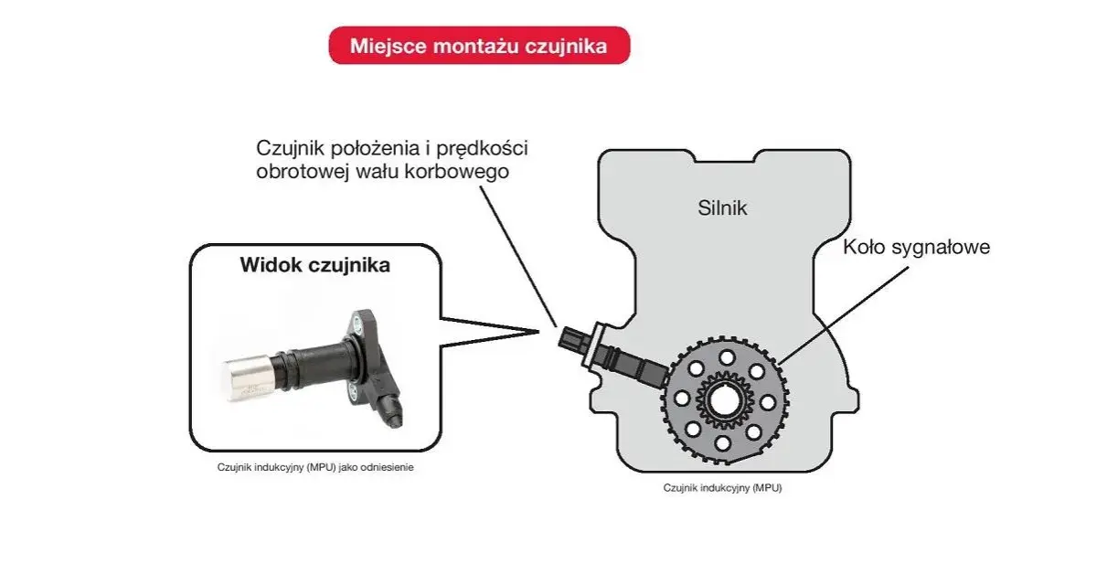 Czujnik położenia wału korbowego montowany jest przy kole sygnałowym silnika. Widok czujnika pokazuje jego budowę.