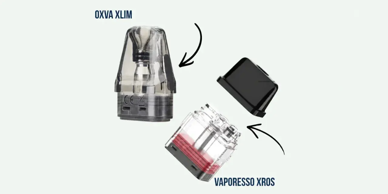 Cartucho Vaporesso Xros y un cartucho Oxva Xlim, ambos transparentes con líquido rojo visible en el Xros.