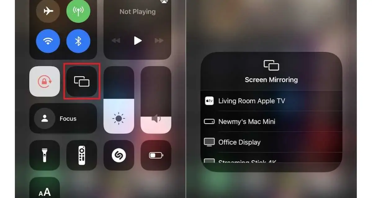 iPhone-skärmen visar kontrollcenter med alternativ för skärmspegling, inklusive AirPlay till Apple TV.