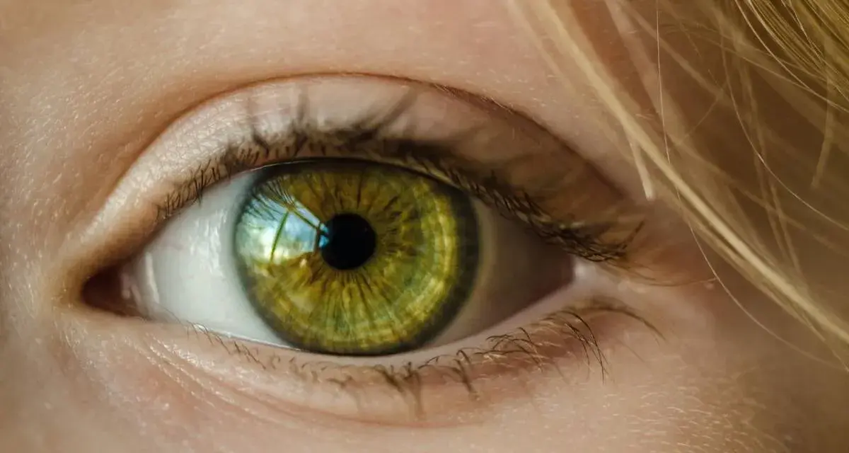 Zielona soczewka oka z refleksami światła, otoczona jasną skórą i blond włosami.