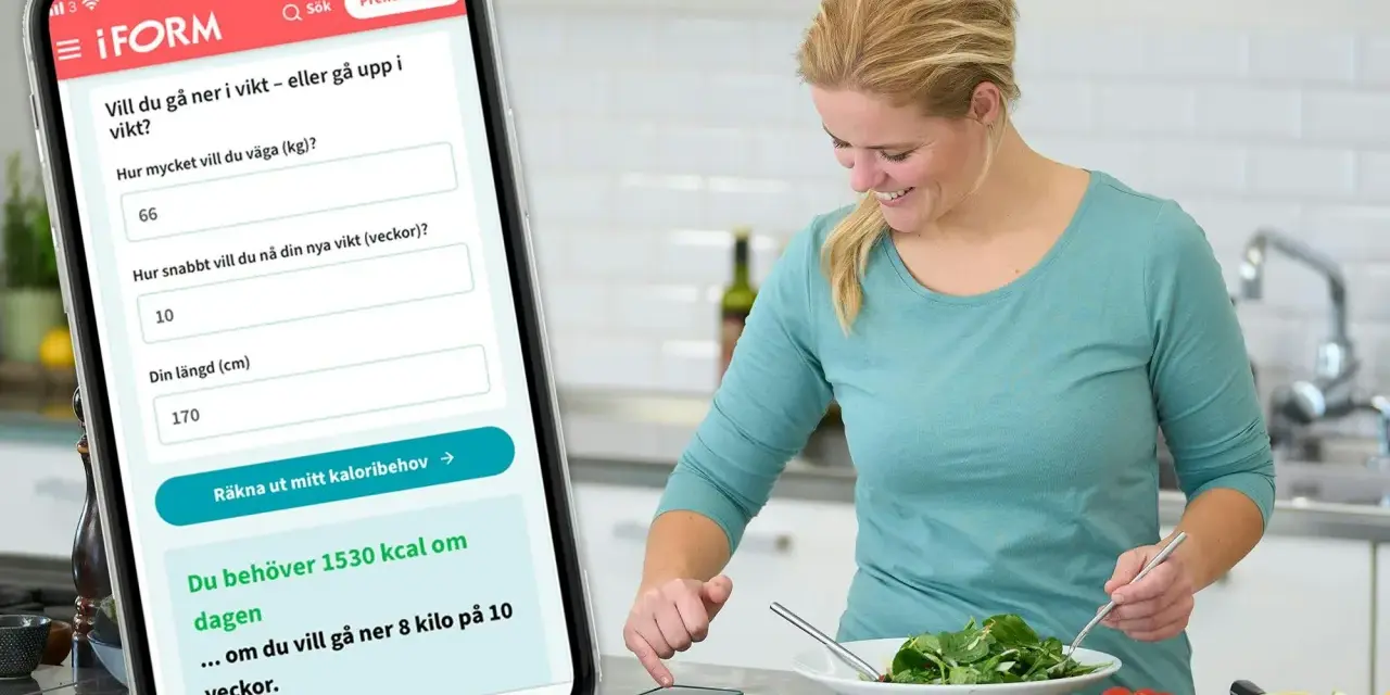 Kvinna använder app för att räkna ut sitt kaloribehov. Appen visar att hon behöver 1530 kcal per dag för att gå ner 8 kg på 10 veckor.