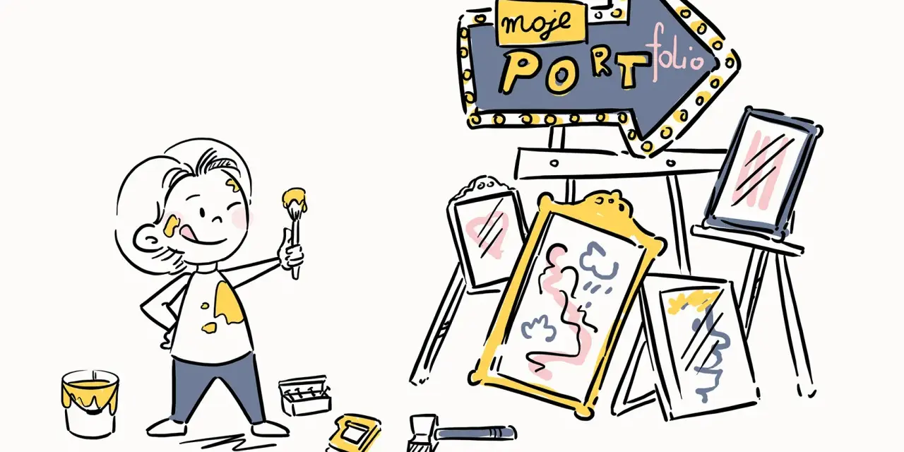 Dziecko z pędzlem i farbą, obok stoją obrazy i neonowy szyld "moje portfolio". To świetny przykład portfolio artystycznego.