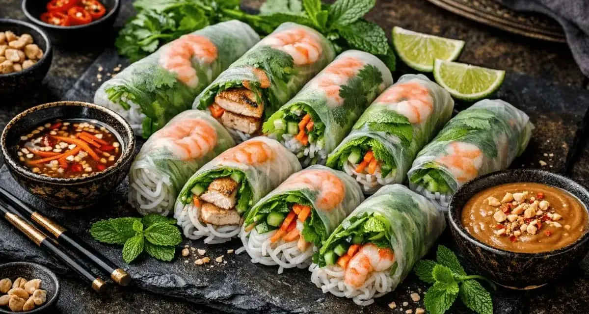 Färska vietnamesiska vårrullar med räkor, grönsaker och nudlar, serverade med en krämig jordnötsås som vietnamesiska vårrullar sås.