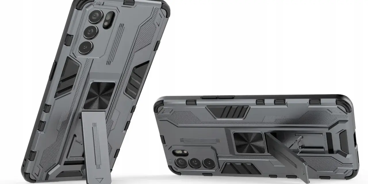 Szare, pancerne etui na telefon Oppo Reno 6 5G z wbudowaną podstawką i uchwytem na palec.