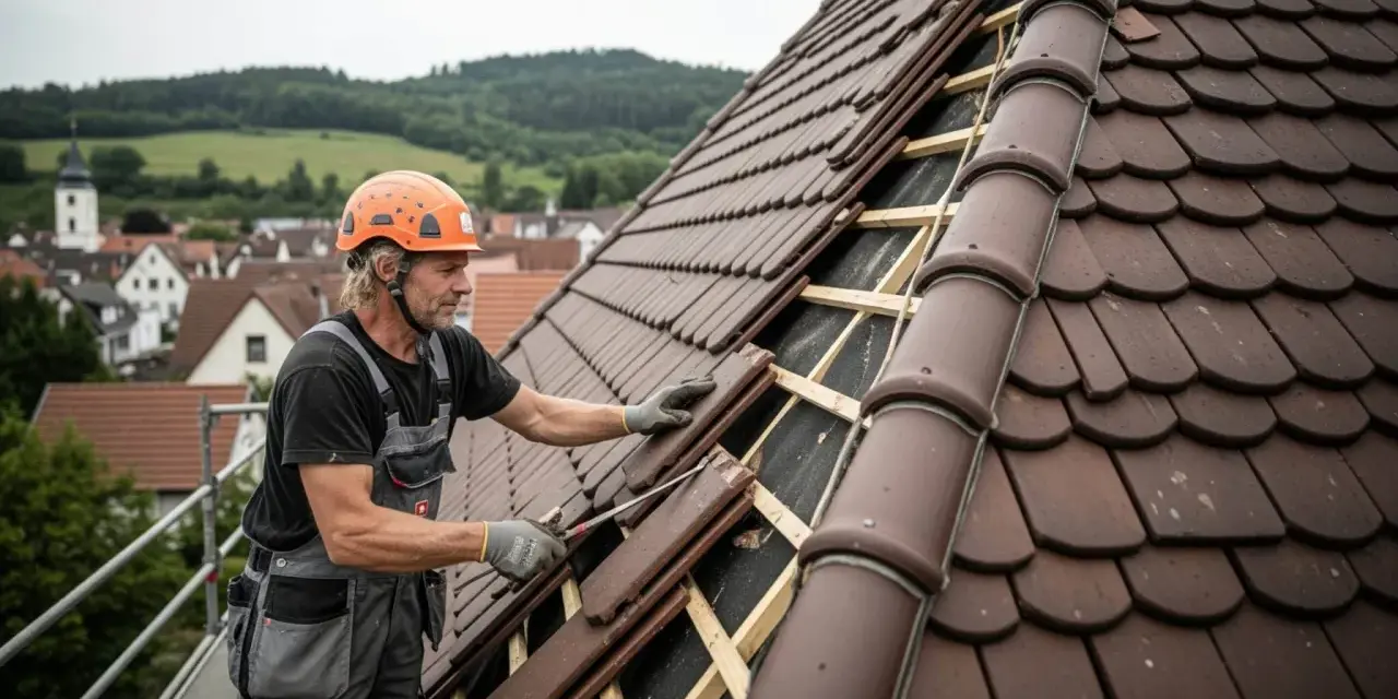 Handwerker mit Helm legt Ziegel auf ein Dach. Er ist dabei, das Dach zu beschichten und sorgt für Schutz vor Wind und Wetter.