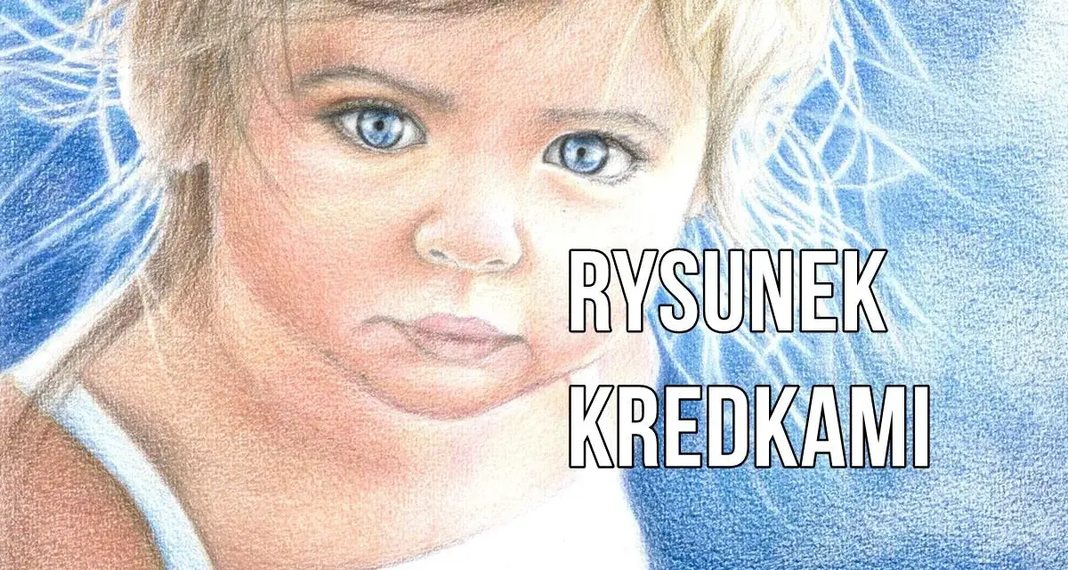 Uroczy portret dziecka z niebieskimi oczami, wykonany techniką rysunki kredkami.