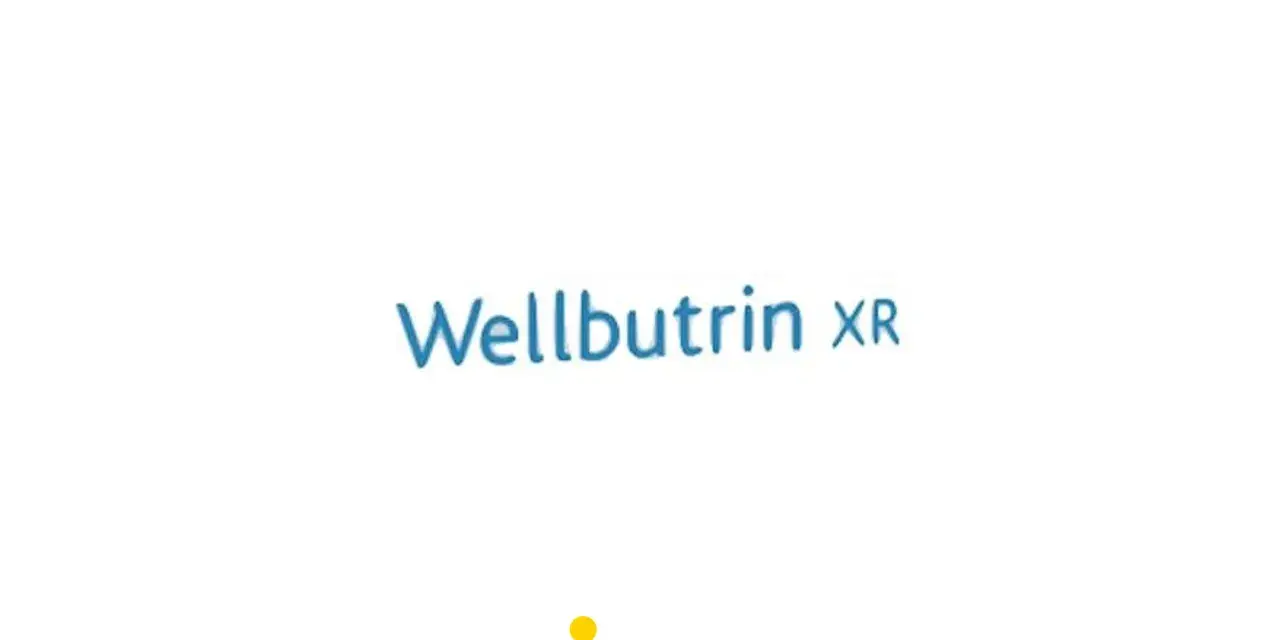 Niebieski napis Wellbutrin XR na białym tle.