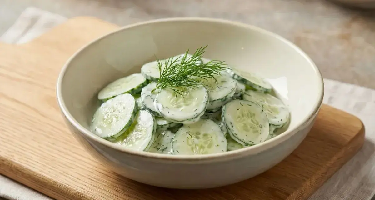 Frischer gurkensalat mit joghurt und dill in einer schüssel, garniert mit dill.