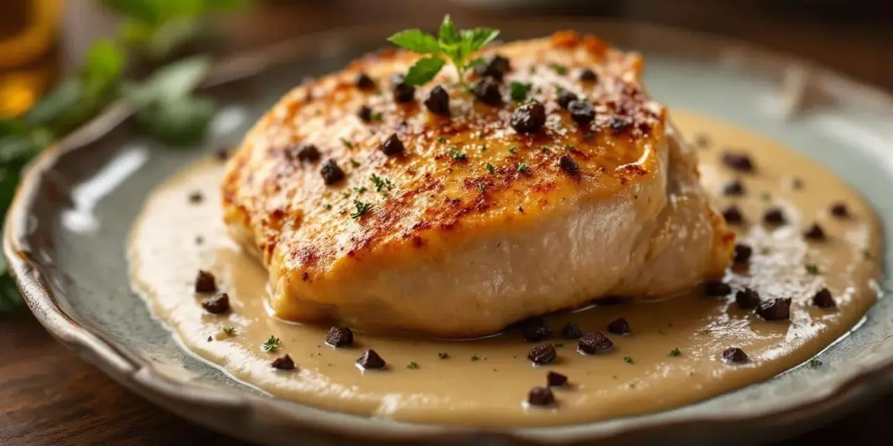 Un filet de poulet doré baignant dans une onctueuse sauce aux morilles, parsemé de morilles hachées et d'une touche de persil frais.