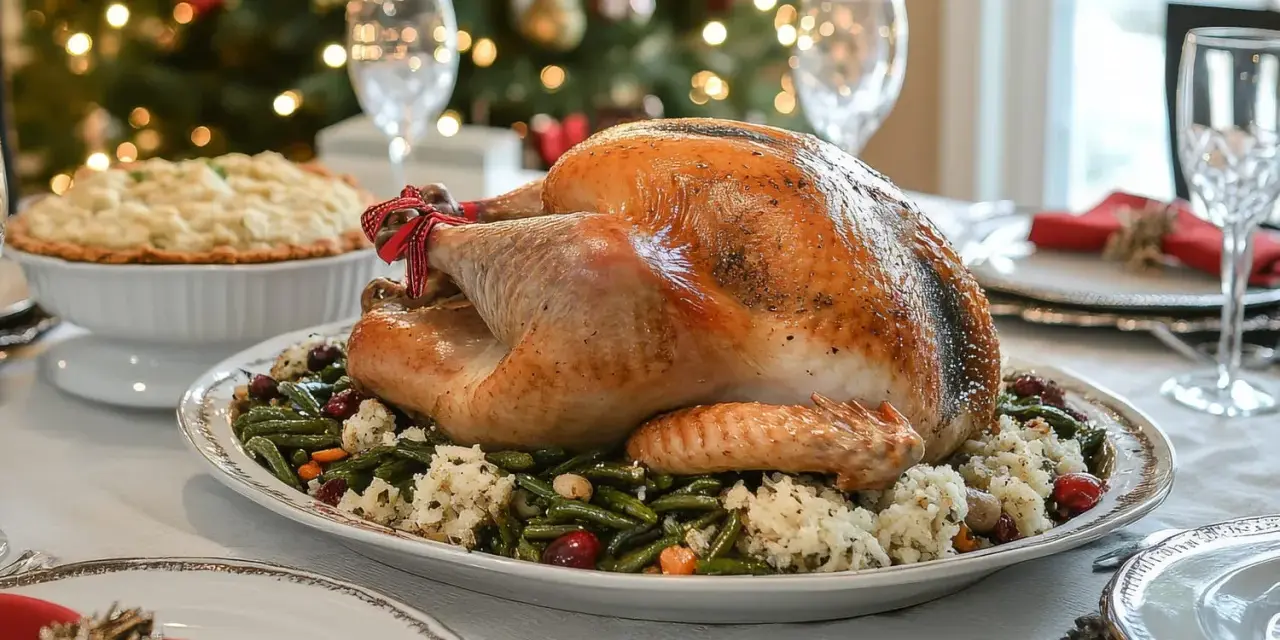 Un chapon rôti, prêt pour un repas de fête, servi avec des haricots verts et du riz. Une recette chapon farci à l'ancienne pour un Noël traditionnel.