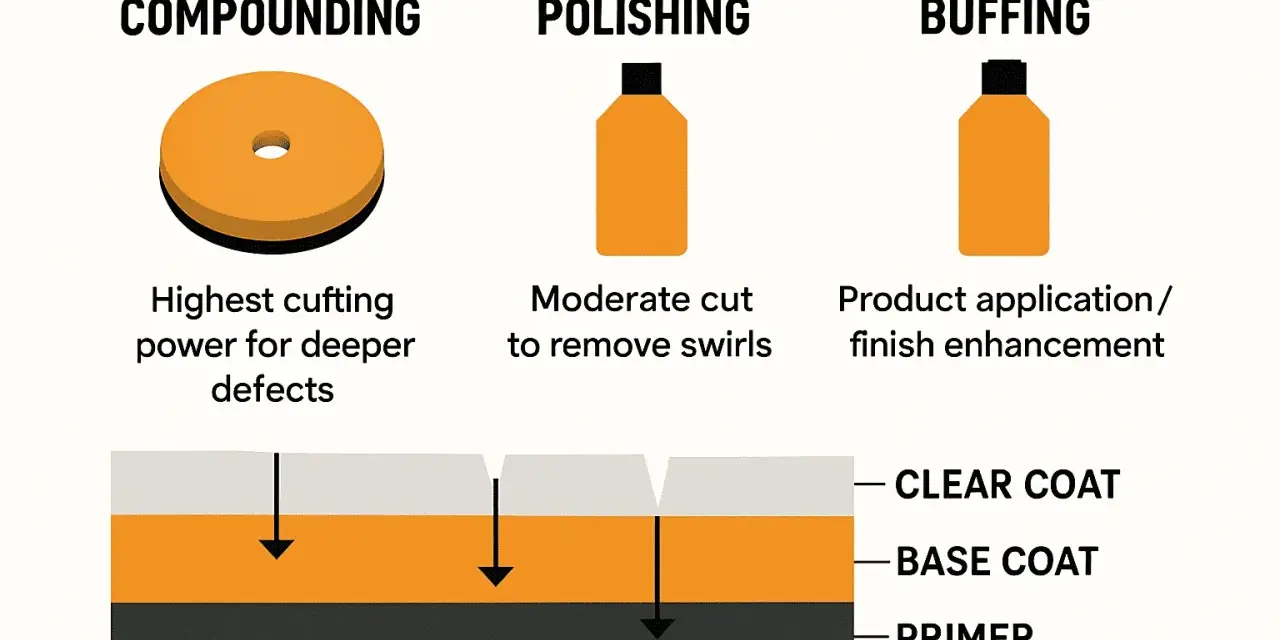 Car detailing steps: compound first for deep defects, then polish to remove swirls, and finally buff for finish enhancement.