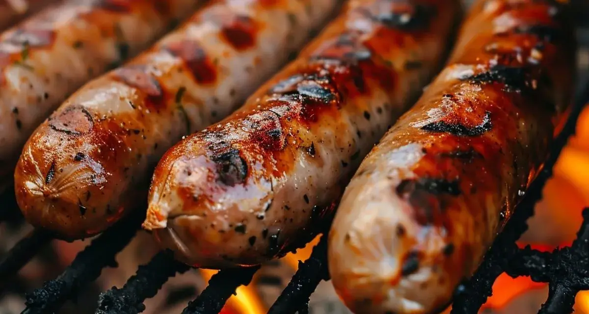 Soczysta kiełbasa z grilla, rumiana i pachnąca, piecze się nad ogniem. Idealna na letnie spotkania.