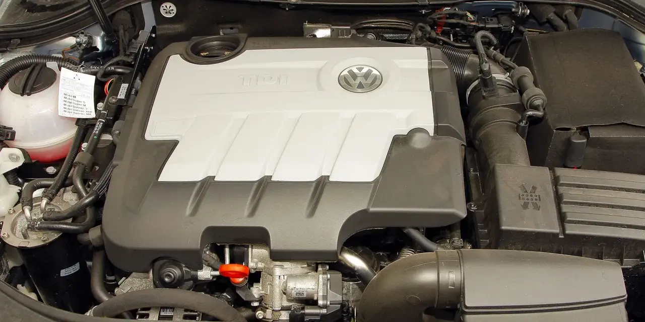 Silnik 2.0 TDI 140KM Volkswagena z widocznym logo TDI i emblematem marki.