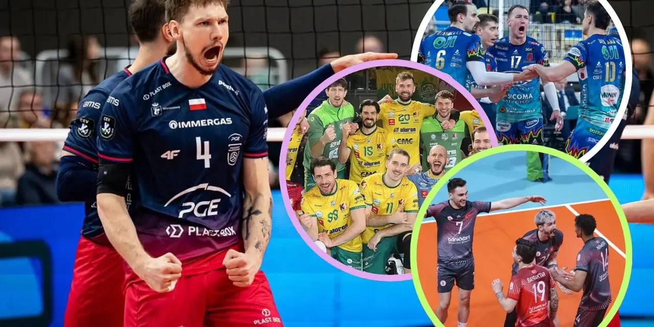 Siatkarze świętują awans do **final four**. Widać emocje na twarzach zawodników, radość i dumę z osiągnięcia celu.
