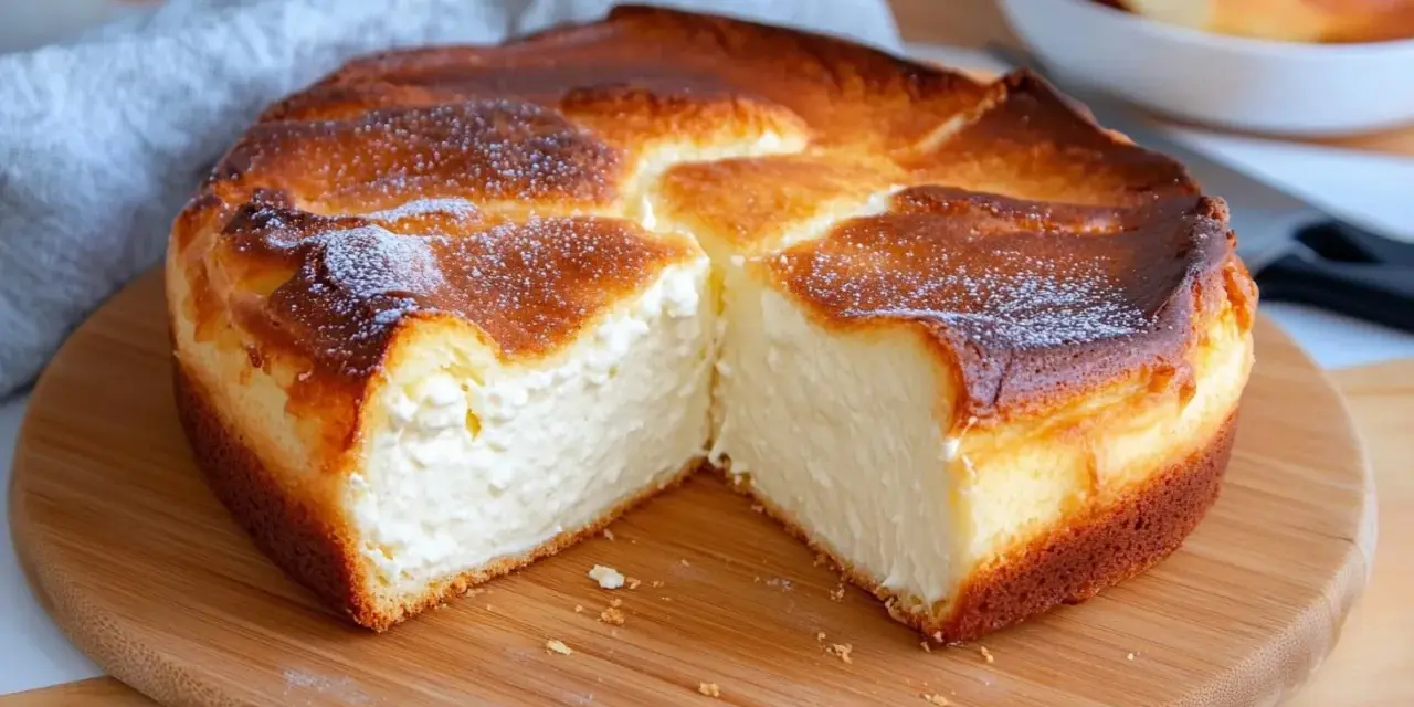 Gâteau aérien et crémeux, parfait pour une recette avec fromage blanc. Sa croûte dorée et son cœur moelleux invitent à la gourmandise.