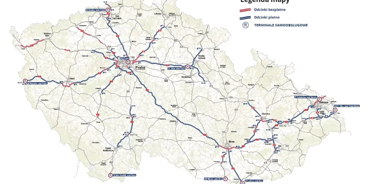 Mapa drog w Czechach. Czerwone linie to odcinki bezpłatne, niebieskie - płatne. Dowiedz się, ile kosztuje winieta na Czechy, analizując płatne trasy.