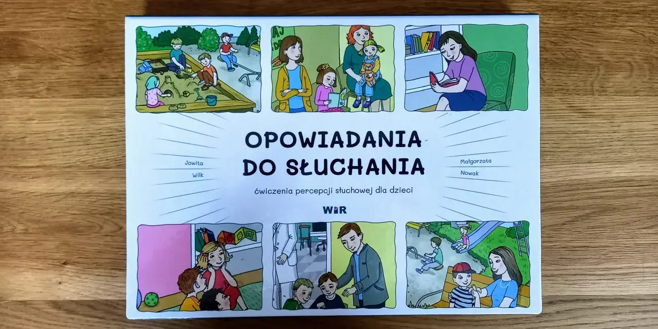 Opowiadania do słuchania: ćwiczenia percepcji słuchowej dla dzieci. Ilustracje przedstawiają dzieci bawiące się na placu zabaw, w piaskownicy, czytające książki i w gabinecie lekarskim.
