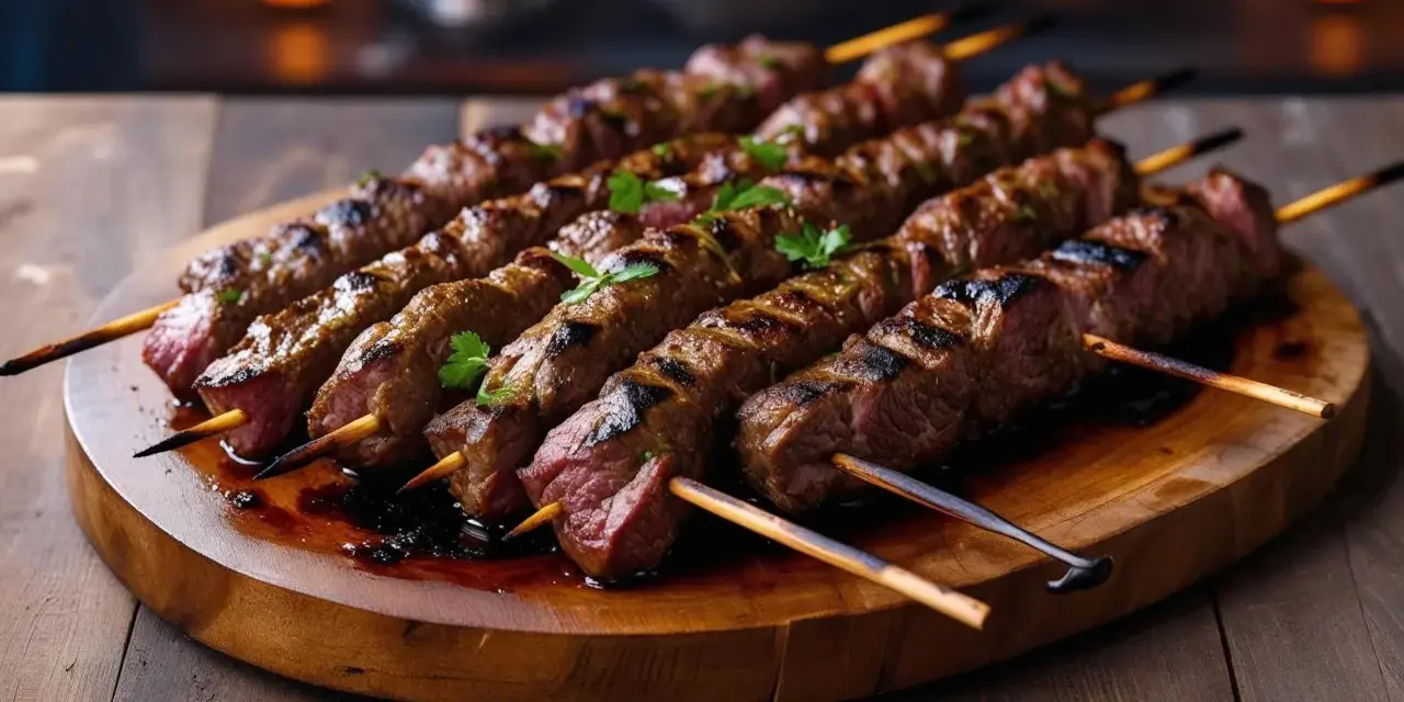 Siedem soczystych szaszłyków z grillowanego mięsa, ozdobionych natką pietruszki, tworzy prawdziwy kebab na drewnianej desce.