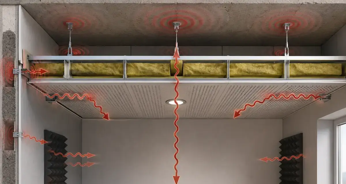 Sistema per insonorizzare soffitto: lana di roccia e pannelli fonoassorbenti bloccano le onde sonore, creando un ambiente silenzioso.