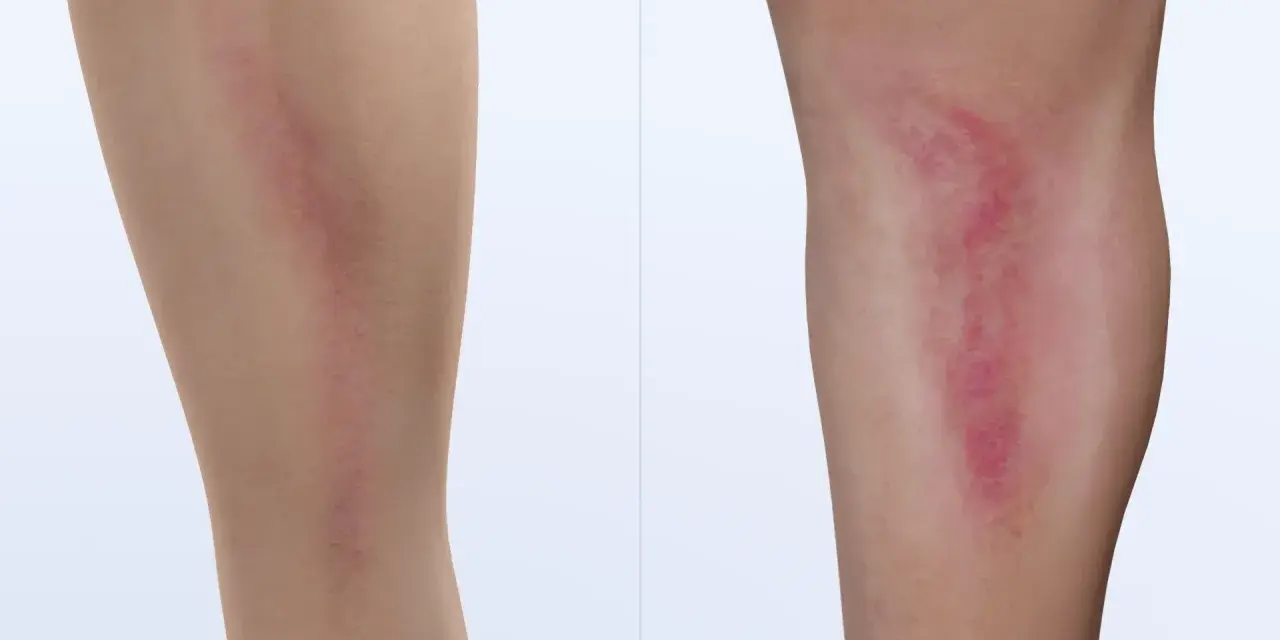 Vergleich zweier Beine: Links ein unauffälliger Bereich, rechts eine gerötete, geschwollene Stelle, die auf Thrombophlebitis Symptome hinweisen könnte.
