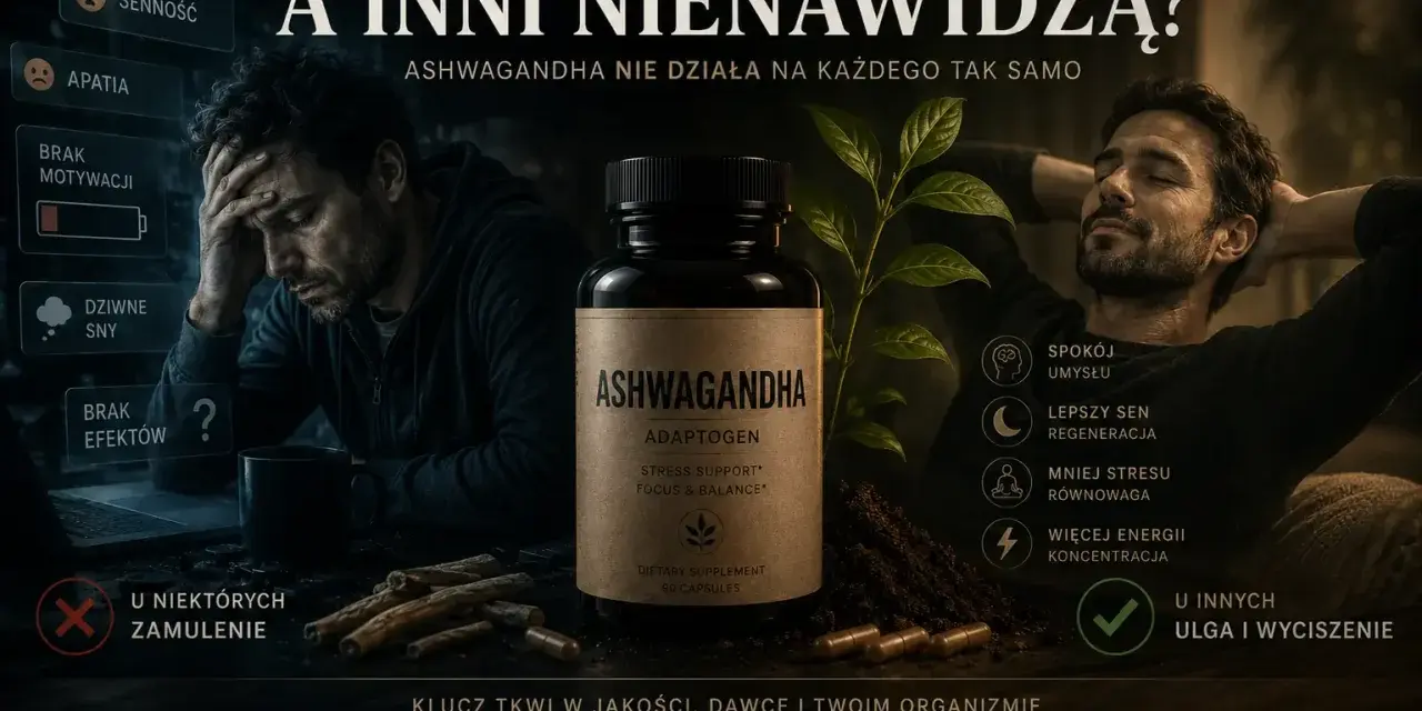 Ashwagandha: kluczowa standaryzacja ekstraktu na witanolidy. Po lewej mężczyzna w rozpaczy, po prawej zrelaksowany.