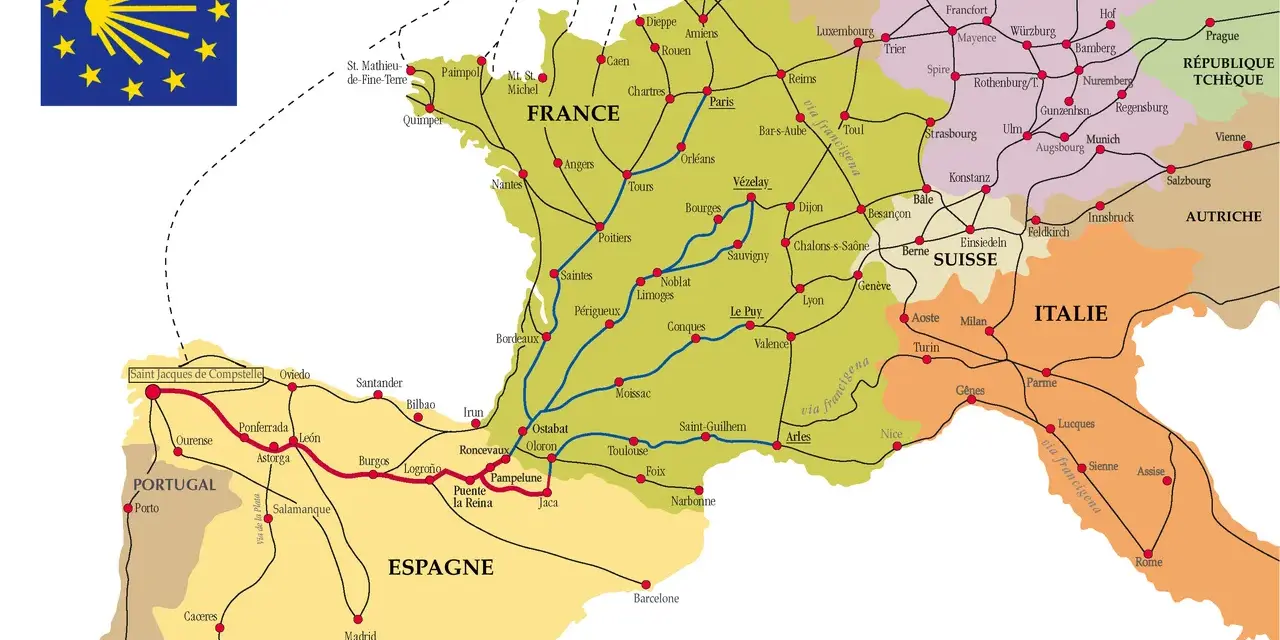 Carte des Chemins de Saint-Jacques, montrant les routes traversant la France, l'Espagne, le Portugal, l'Italie et l'Allemagne.