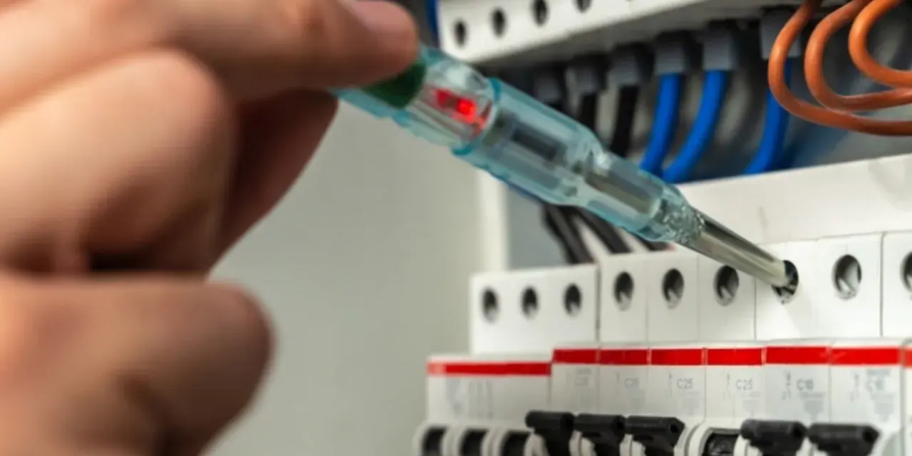 Dłoń trzymająca próbniki napięcia przy bezpiecznikach w skrzynce elektrycznej.