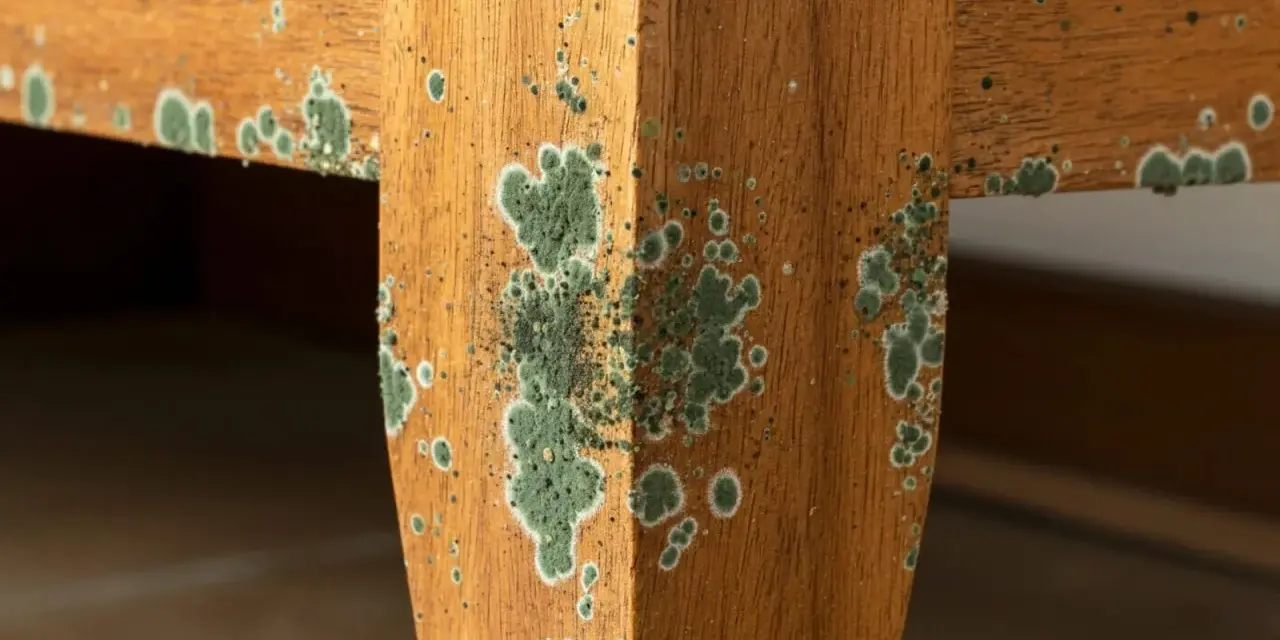 Moisissure verte envahit le bois d'un meuble, formant des taches rondes et des amas cotonneux.