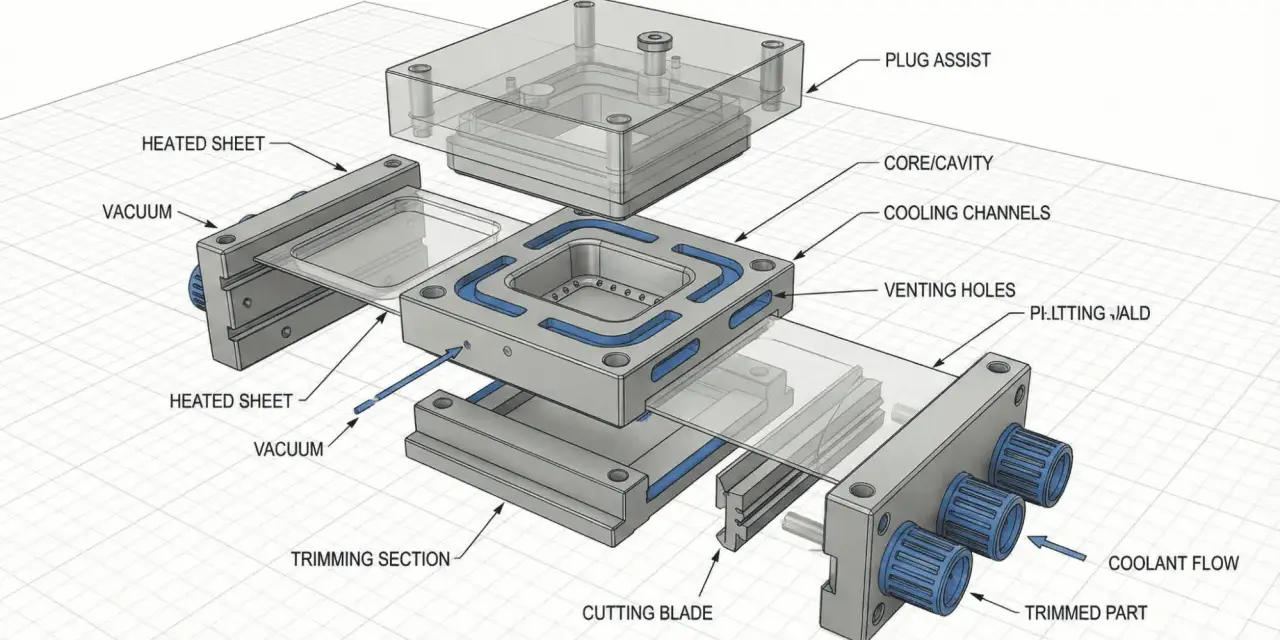 Exploded view of a vacuum forming mold design, showing heated sheets, vacuum, core/cavity, cooling channels, venting holes, and a cutting blade.