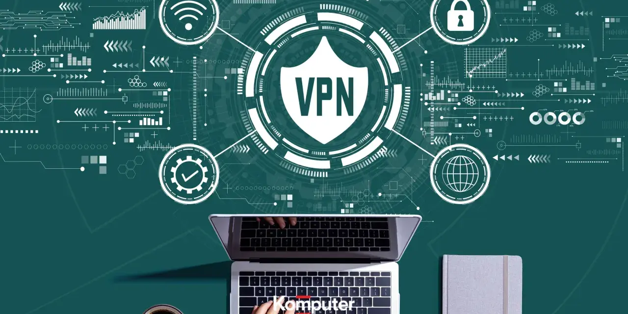 Grafika przedstawia laptopa z widokiem na klawiaturę, na tle schematów sieciowych i symboli VPN. To jak cyfrowy świat, gdzie hamachi zapewnia bezpieczne połączenie.