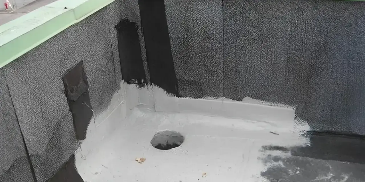 Fragment dachu z widocznym odpływem i nową warstwą hydroizolacji z **elastomeru**.