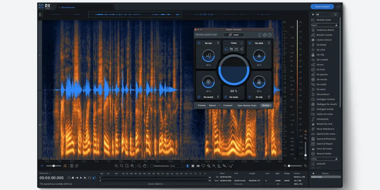 Das Interface von izotope rx 10 zeigt eine Wellenform und ein Spektrogramm. Der Reparaturassistent bietet Werkzeuge wie De-ess, De-noise und De-clip.