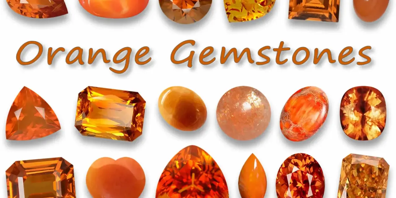 Collezione di pietre preziose arancioni, tra cui citrino, corniola e diaspro, con la scritta "Orange Gemstones".