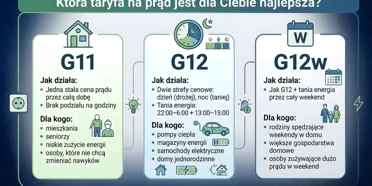 Porównanie taryf prądu: G11, G12 i G12w. Taryfa G12w Tauron oferuje tani prąd przez cały weekend, idealna dla rodzin i domów z dużym zużyciem energii w te dni.
