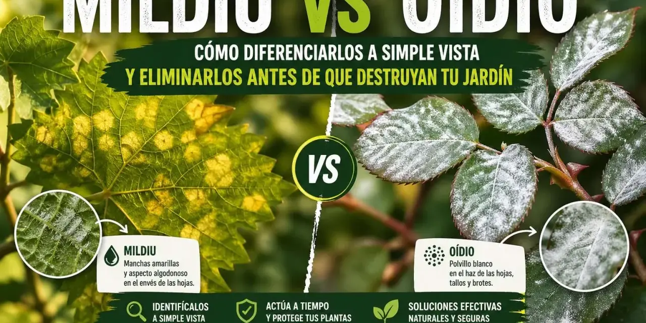 Comparativa visual de mildiu y oídio hongo en hojas. El mildiu causa manchas amarillas y aspecto algodonoso, mientras que el oídio deja un polvillo blanco.