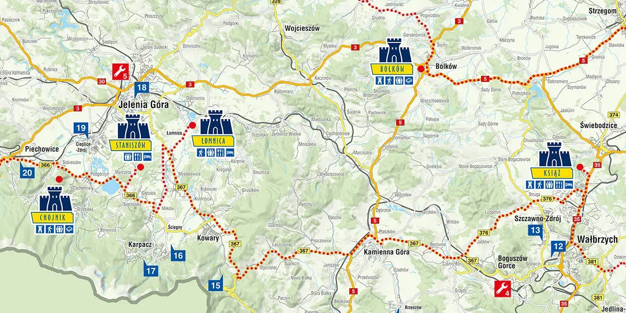 Odkryj fascynujące trasy motocyklowe Dolny Śląsk! Mapa pokazuje zamki i malownicze drogi, idealne na motocyklową przygodę.