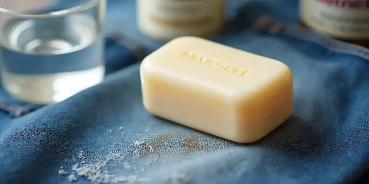 Savon, eau et bicarbonate de soude pour enlever une tache de gras sur un jean.