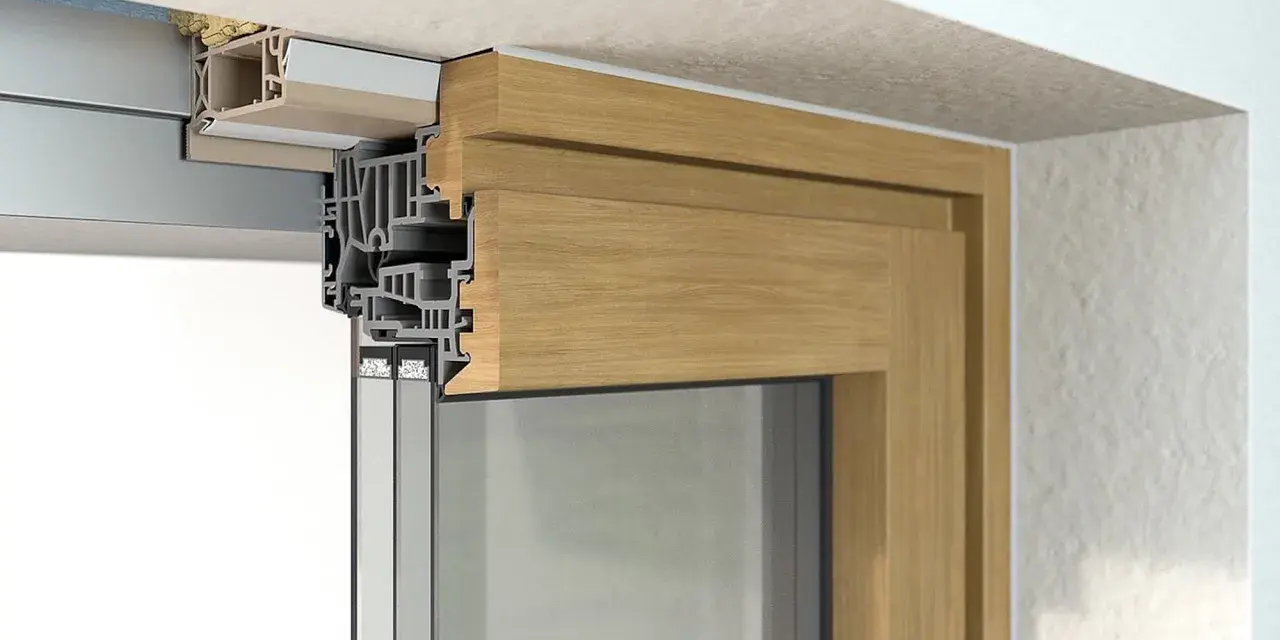 Detailansicht: So wird ein Fenster fachgerecht eingebaut. Holz-Alu-Konstruktion mit Mehrfachverglasung.
