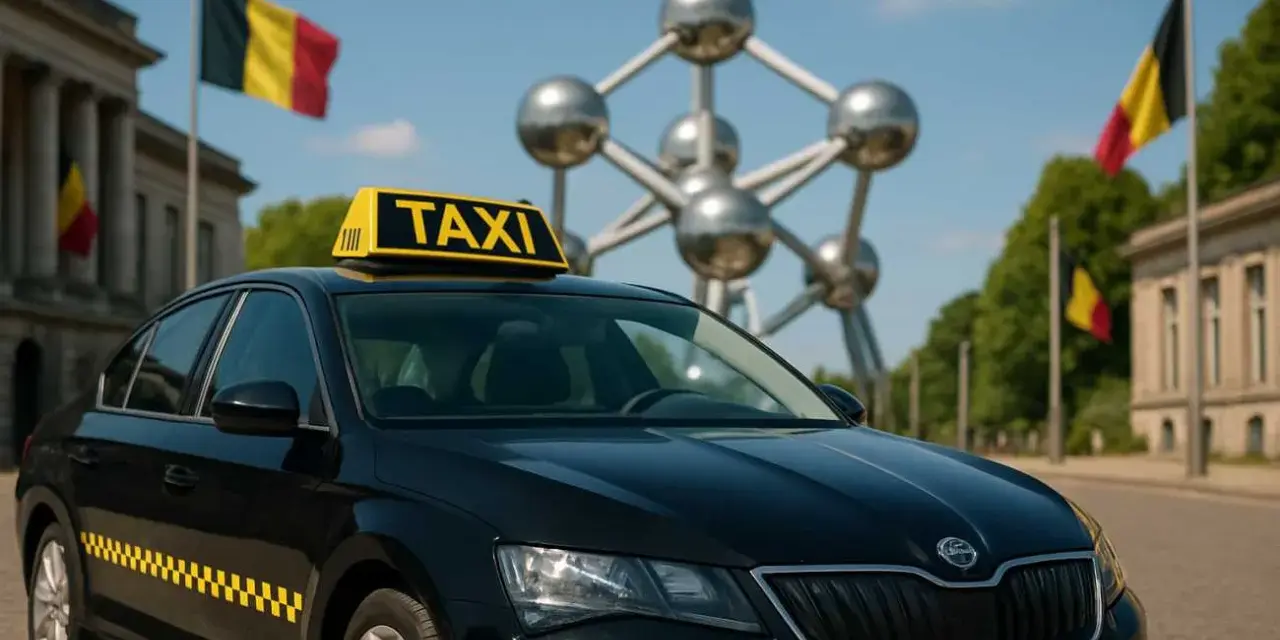 Schwarzer Taxi in Belgien vor dem Atomium. Belgische Flaggen wehen im Hintergrund.