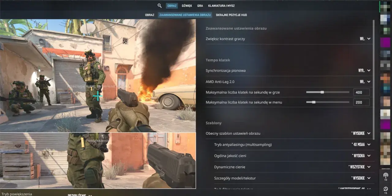 Ustawienia graficzne CS2: podgląd rozgrywki i menu opcji. Widoczni żołnierze, dymiący samochód, opcje takie jak "Tempo klatek" i "Synchronizacja pionowa".