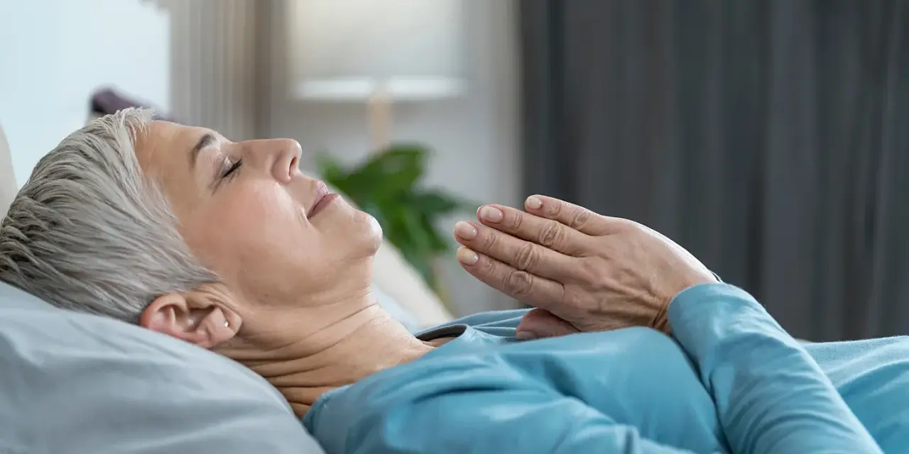 Frau liegt entspannt im Bett, Hände vor der Brust gefaltet. Sie praktiziert eine Technik, die wirkt Meditation im Schlaf.