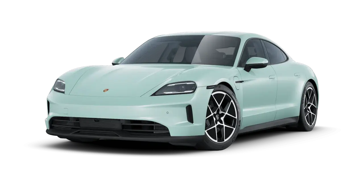 Miętowe porsche elektryczne z czarnymi felgami, gotowe do ekologicznej jazdy.