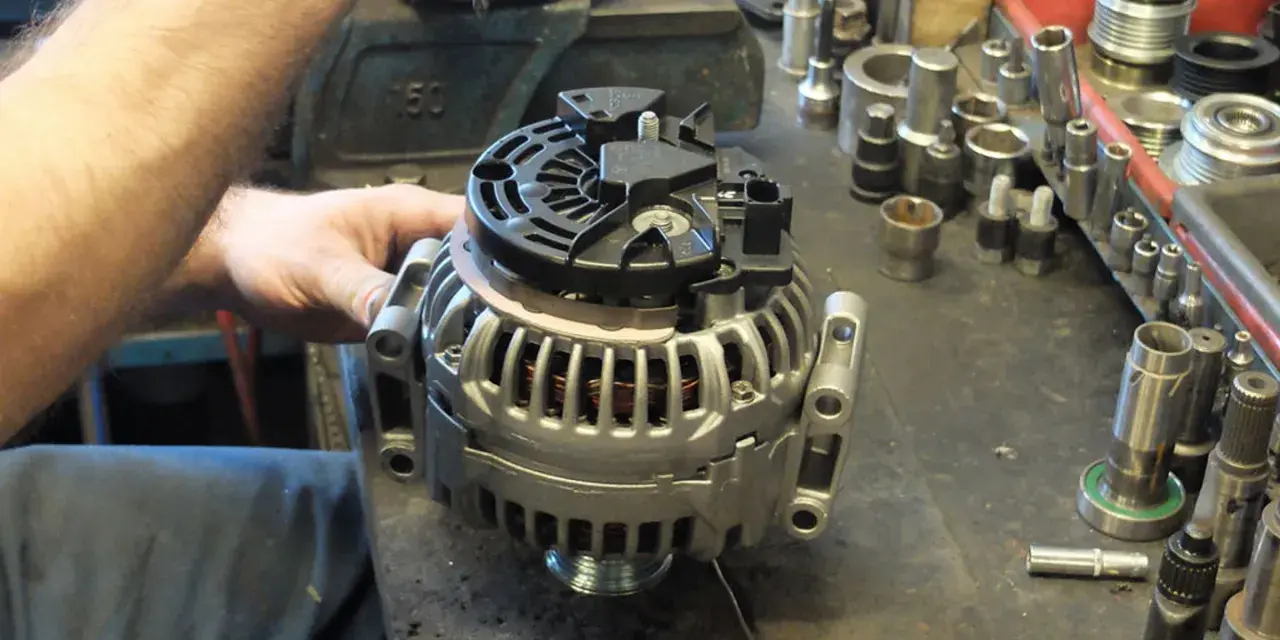 Warsztat samochodowy. Mechanik pracuje nad regeneracją alternatora. Sprawdź, jaka jest regeneracja alternatora cena.