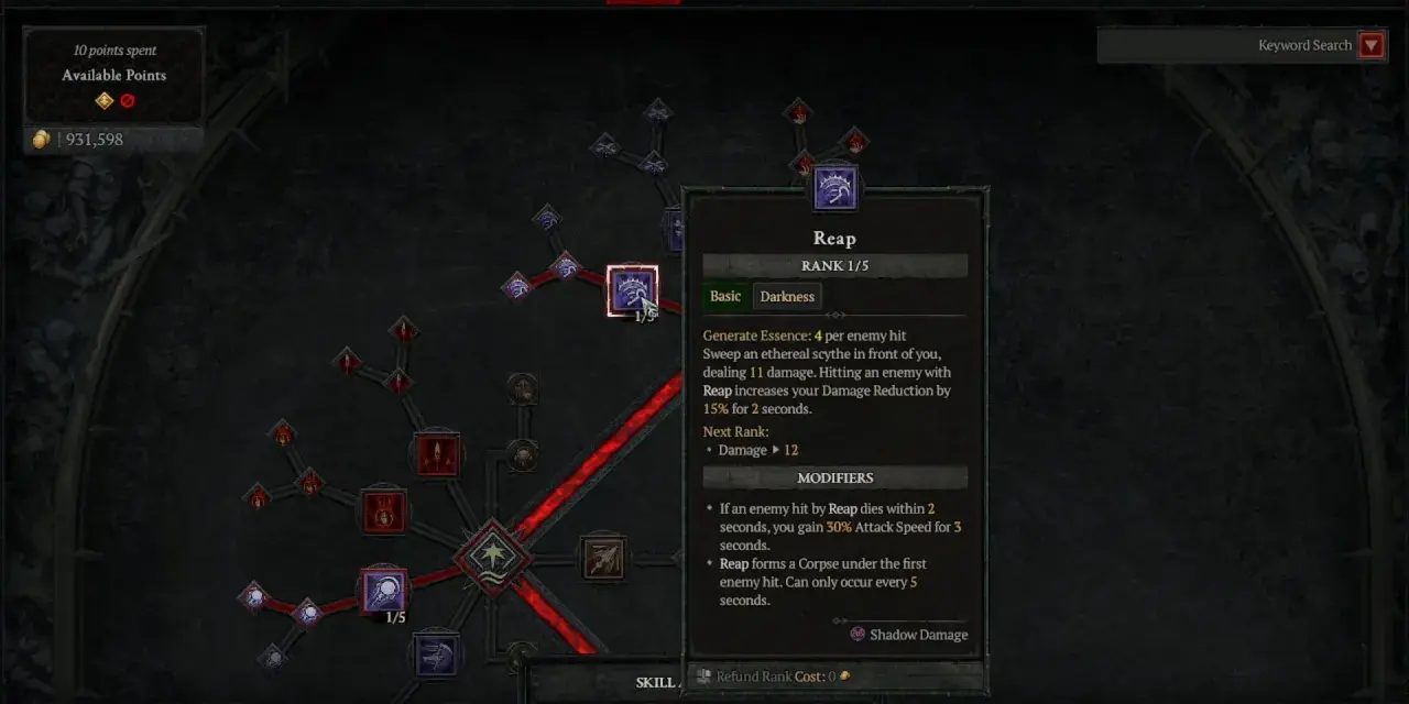Árbol de habilidades de Diablo 4: build nigromante diablo 4, habilidad "Reap" con modificadores de daño y velocidad de ataque.
