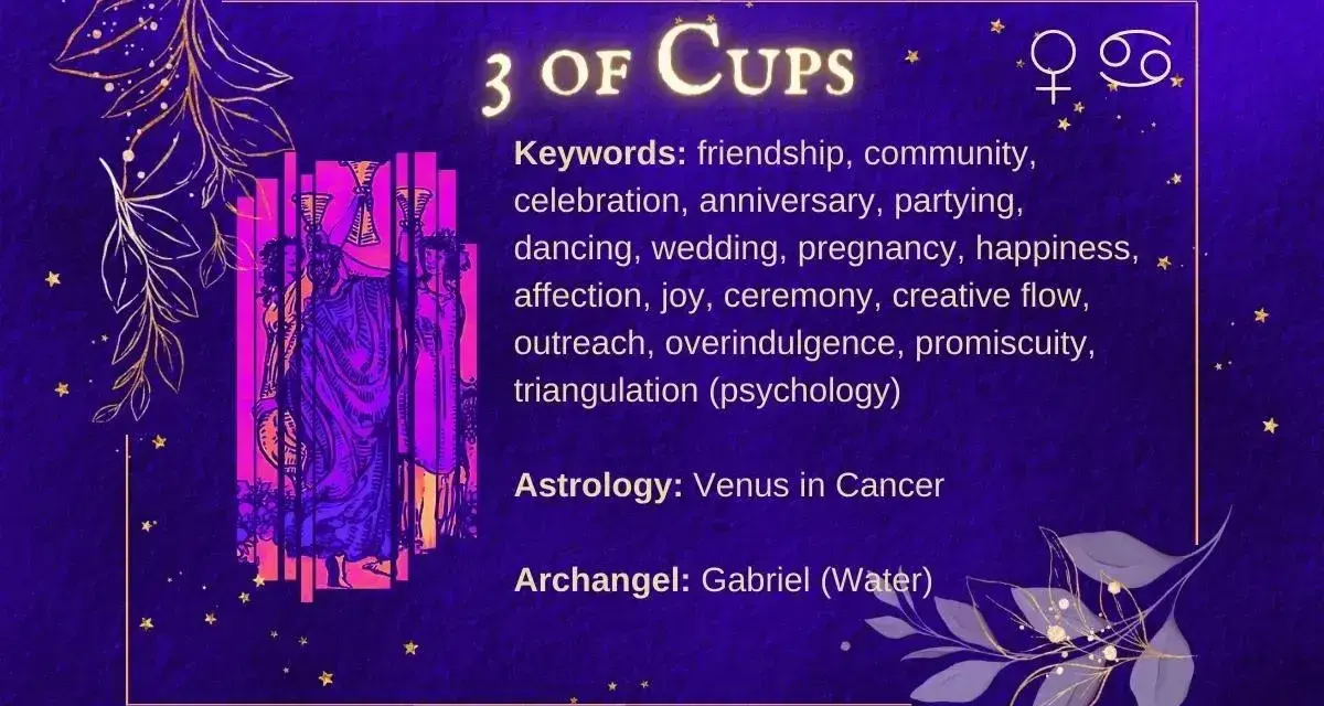 Trzy kielichy tarot symbolizują radość, wspólnotę i świętowanie. Karta ta zapowiada szczęśliwe chwile i udane relacje.