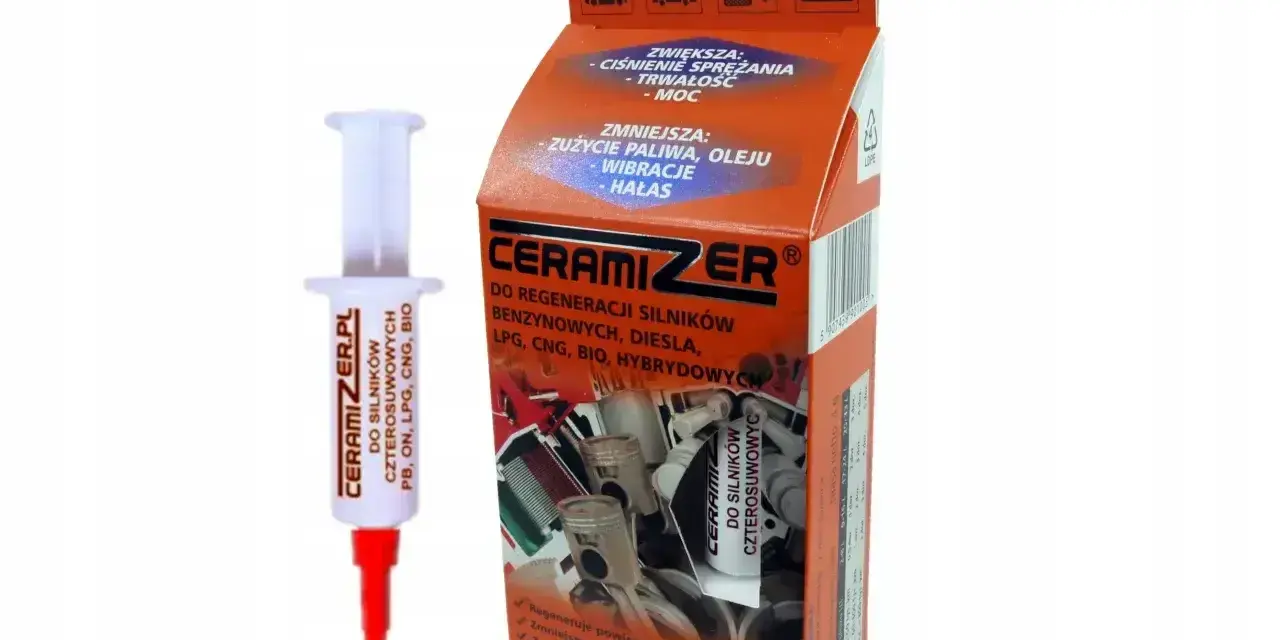 Ceramizer w strzykawce i opakowanie produktu. Preparat do regeneracji silników, zmniejsza tarcie, zużycie paliwa i oleju.