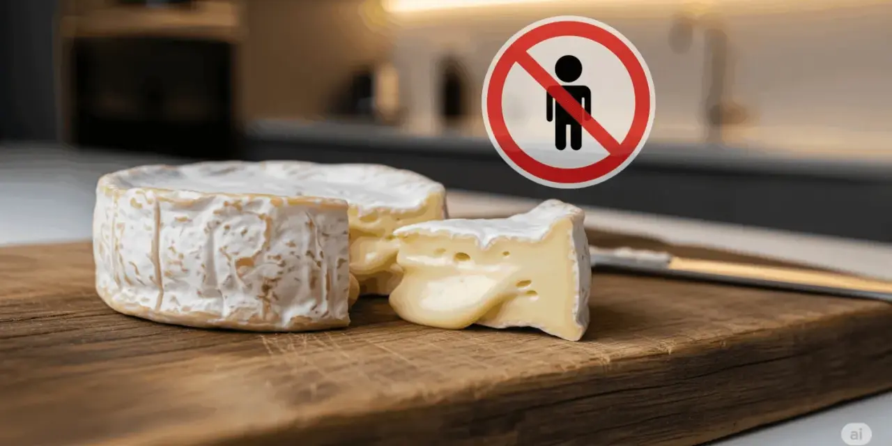 Un camembert coupé sur une planche en bois, avec un panneau d'interdiction. Question : quel fromage manger enceinte ?