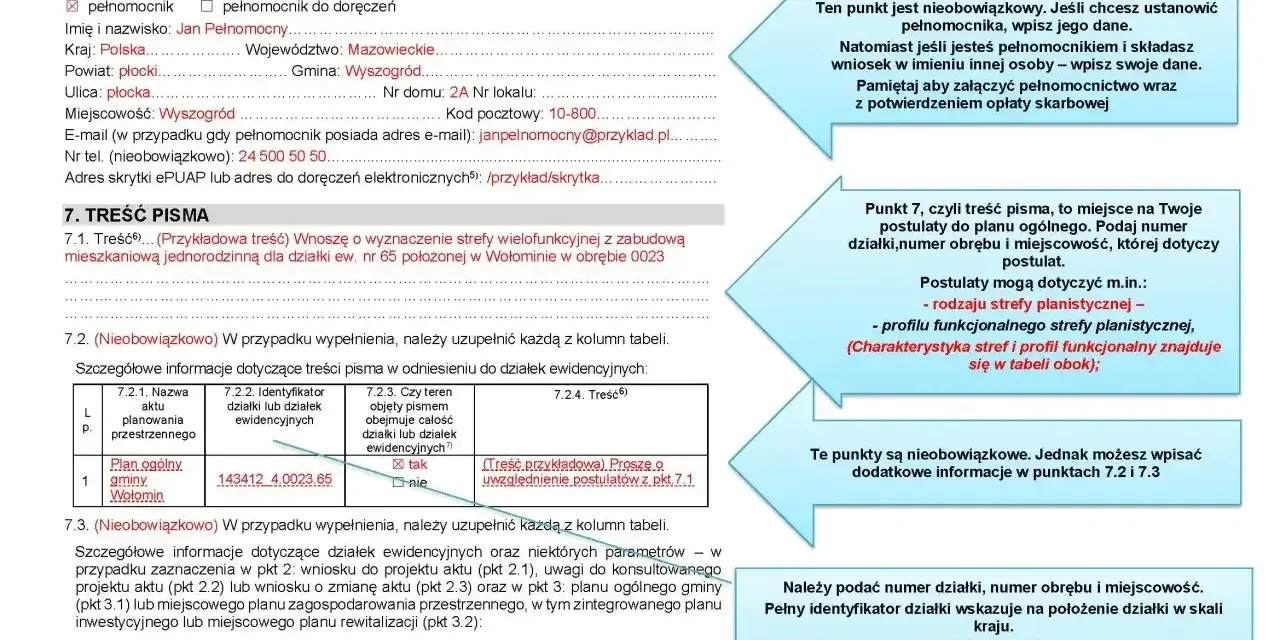 Wniosek o wyznaczenie strefy wielofunkcyjnej dla działki ew. nr 65 w Wołominie. Podano identyfikator działki, co jest ważne przy ustalaniu podatku od nieruchomości.