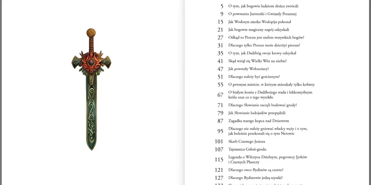 Ornamentalny miecz, symbol dawnych wierzeń i mitologizacja słowiańskich bogów.
